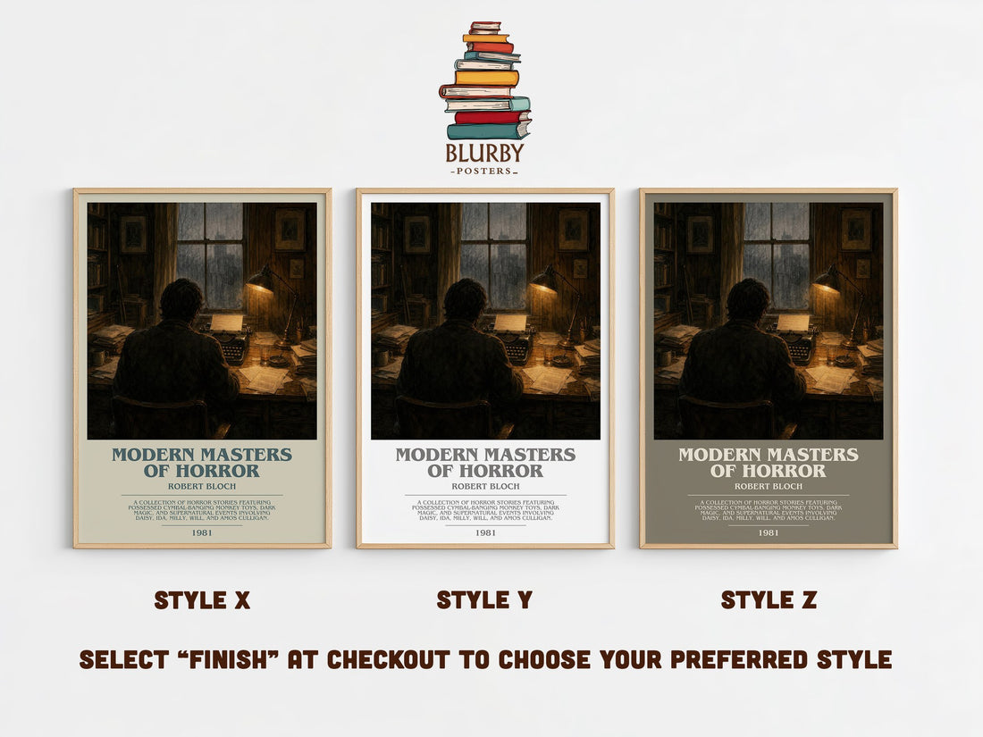 Modern Masters of Horror bookish print in frame leaning in hallway – non fiction wall art (mockup)