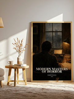 Modern Masters of Horror watercolour print in frame leaning in hallway – non fiction wall art