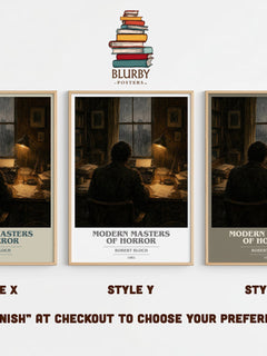 Modern Masters of Horror book cover print in frame leaning in hallway – non fiction wall art