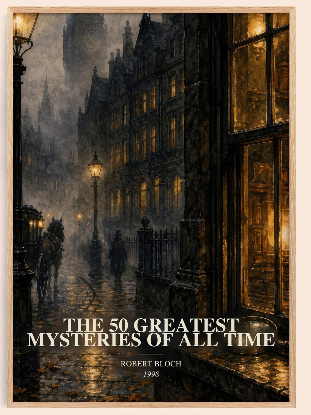 The 50 Greatest Mysteries of All Time watercolour book poster by Robert Bloch – framed literary art print