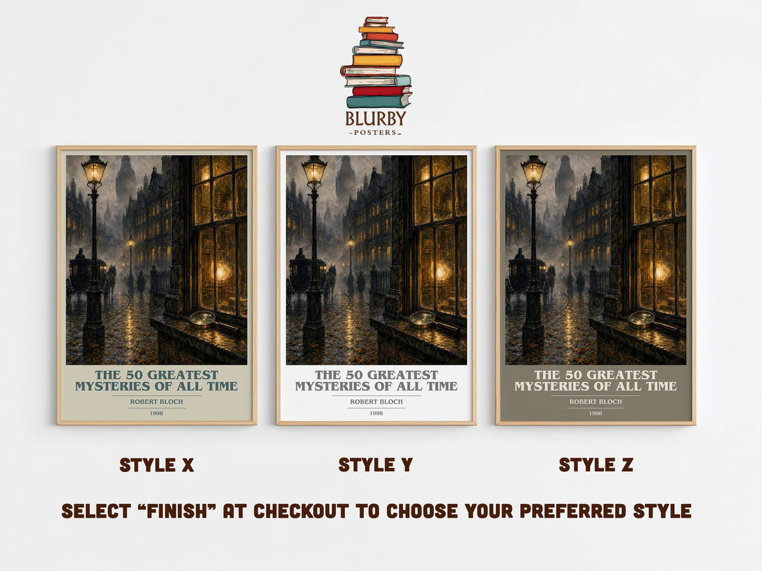 The 50 Greatest Mysteries of All Time book cover print in frame leaning in hallway – mystery wall art (mockup)