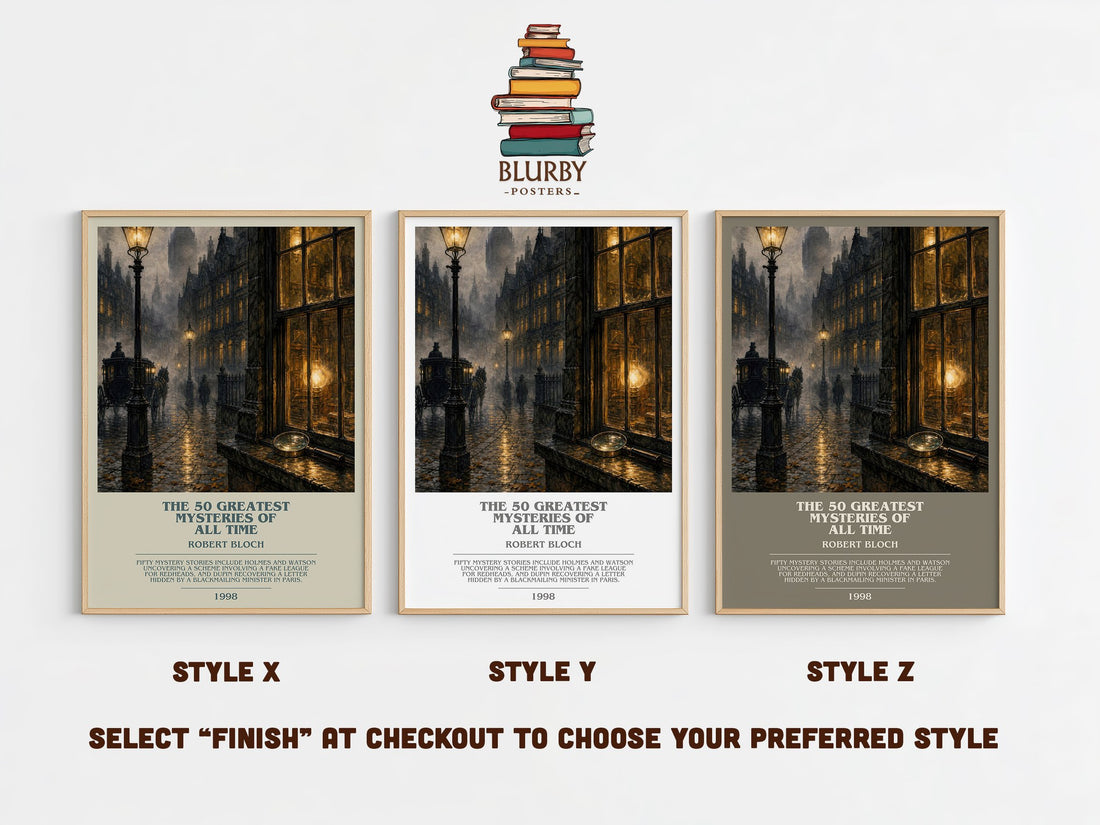 The 50 Greatest Mysteries of All Time Bookish Wall Art by Robert Bloch – Style X, Y and Z side by side – choose your finish