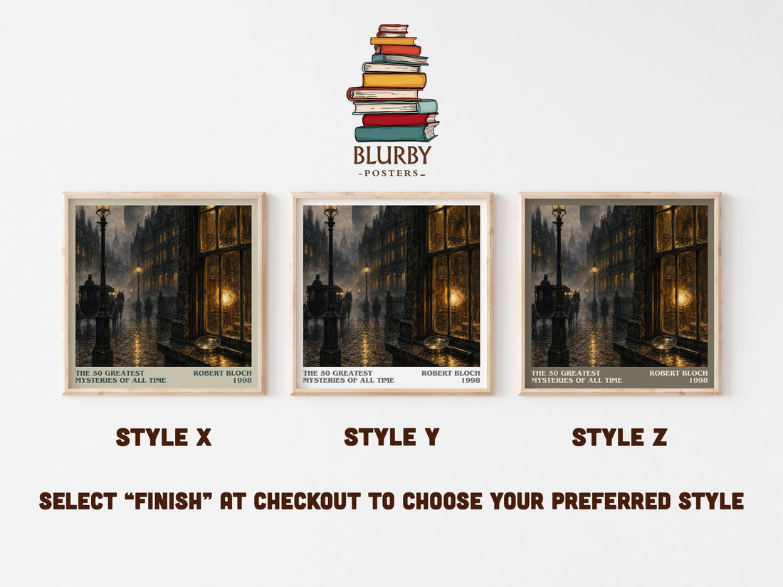 The 50 Greatest Mysteries of All Time literary print in frame leaning in hallway – mystery wall art (mockup)