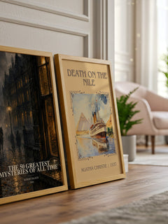 The 50 Greatest Mysteries of All Time watercolour print framed by window – literary home decor