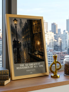 The 50 Greatest Mysteries of All Time book cover print framed by window – literary home decor