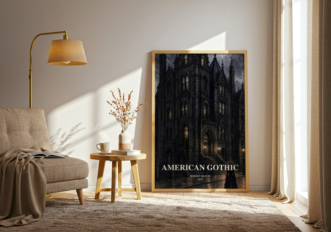 American Gothic watercolour print in frame leaning in hallway – horror wall art