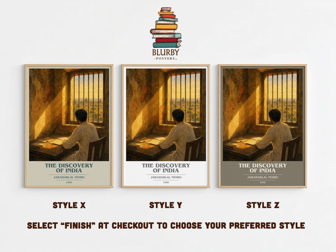 The discovery of India book cover print in frame leaning in hallway – non fiction wall art (mockup)