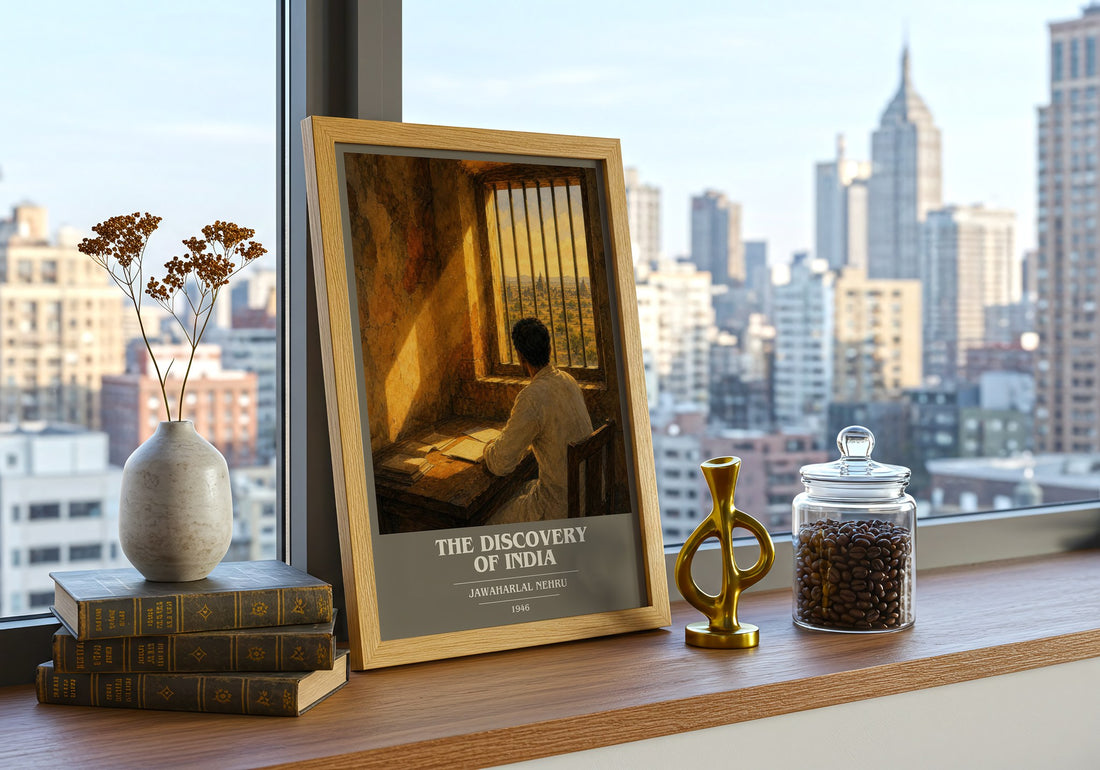 The discovery of India book cover print framed by window – literary home decor