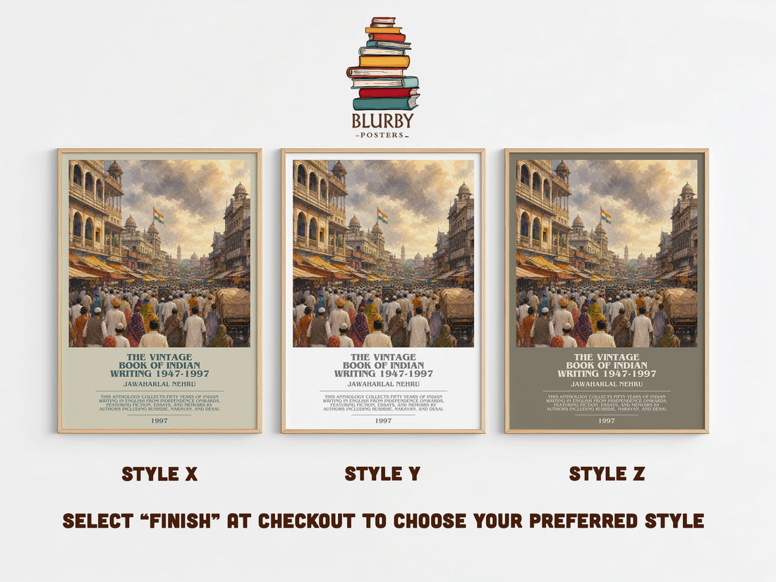 The Vintage Book of Indian Writing 1947-1997 bookish print in frame leaning in hallway – literary fiction wall art (mockup)