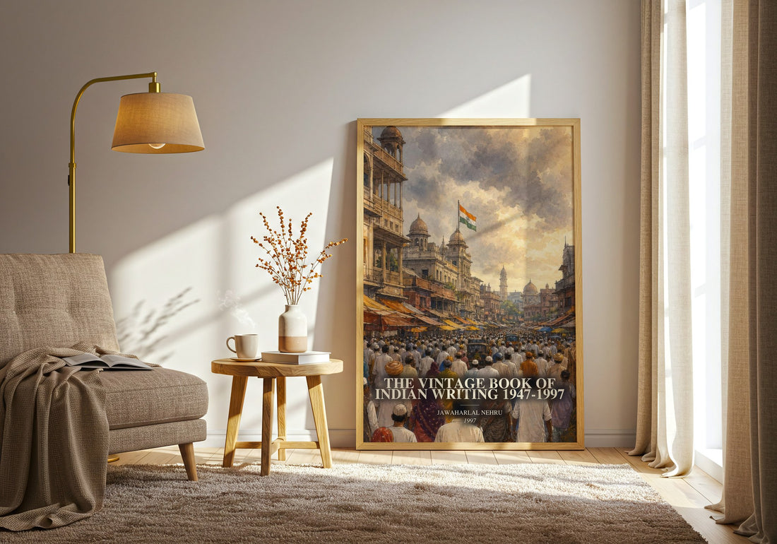 The Vintage Book of Indian Writing 1947-1997 watercolour print in frame leaning in hallway – literary fiction wall art
