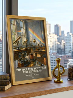 Physics for scientists and engineers book cover print framed by window – literary home decor
