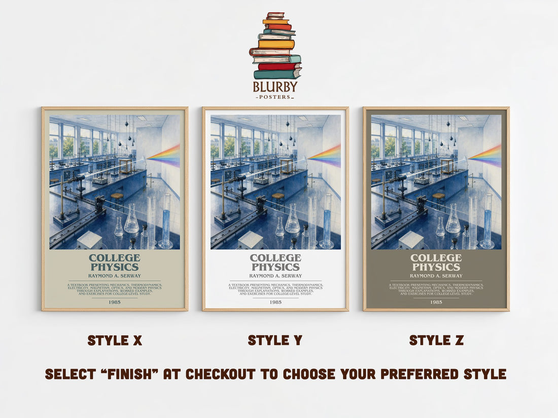 College physics bookish print in frame leaning in hallway – non fiction wall art (mockup)