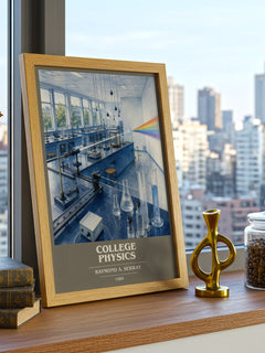 College physics book cover print framed by window – literary home decor