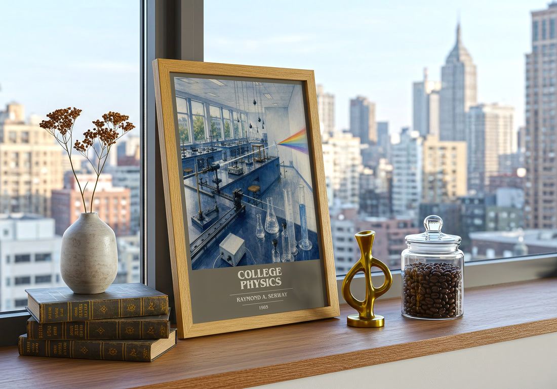 College physics book cover print framed by window – literary home decor