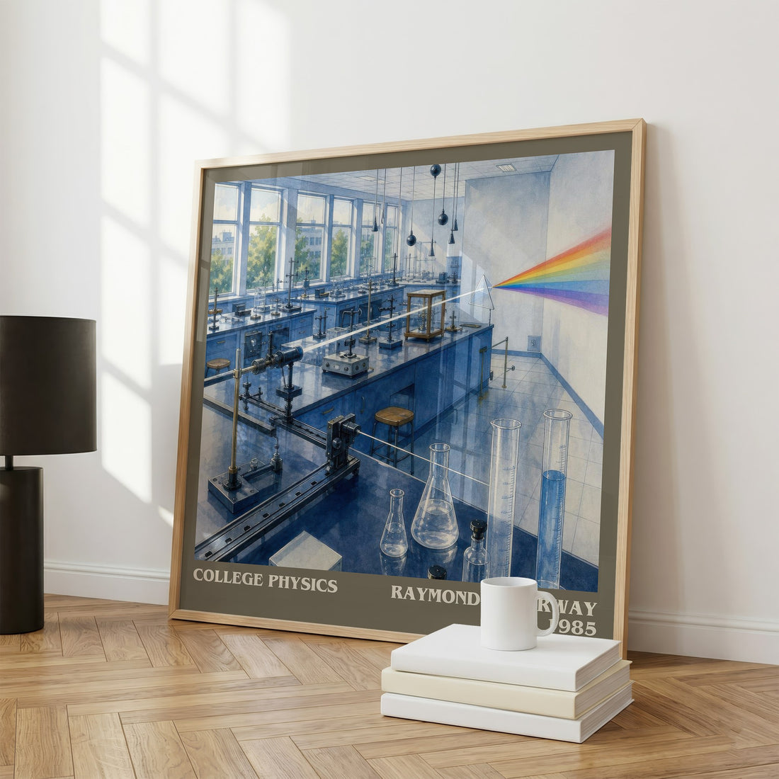 College physics literary print framed by window – literary home decor