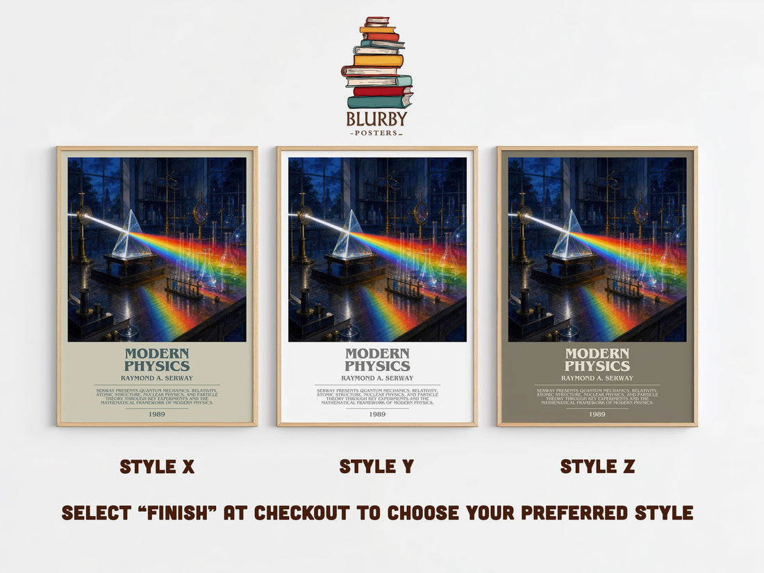Modern Physics bookish print in frame leaning in hallway – non fiction wall art (mockup)