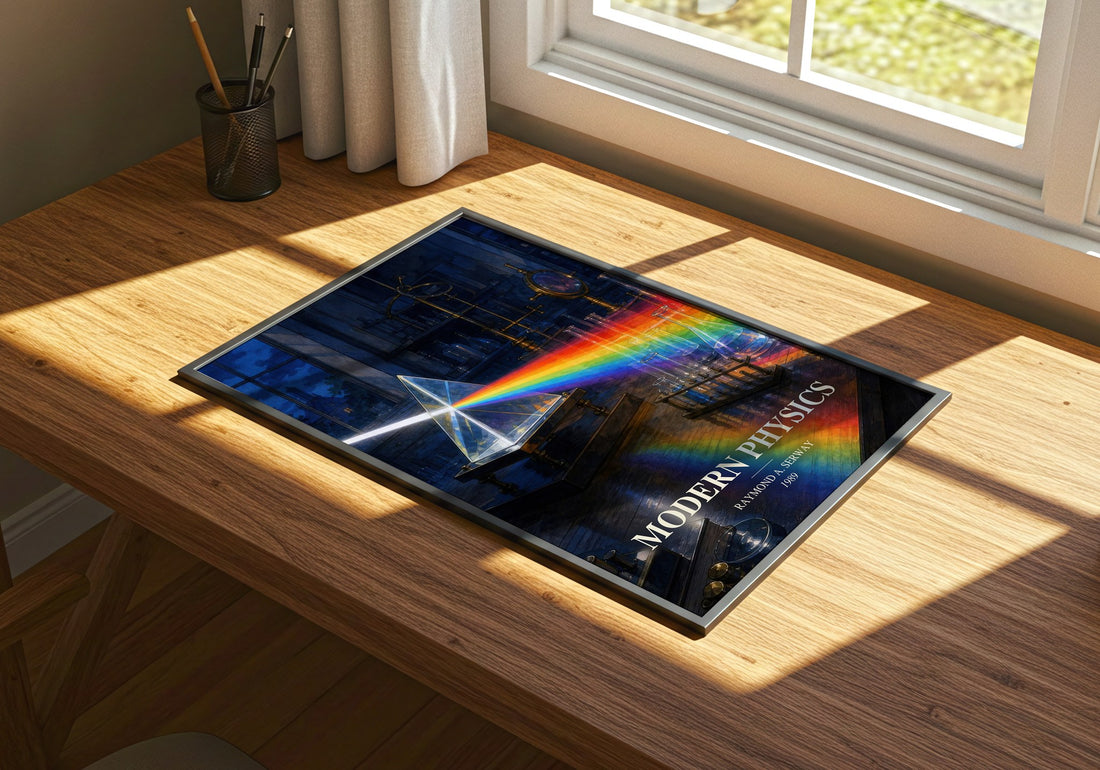 Modern Physics watercolour book poster framed on wall – non fiction wall art