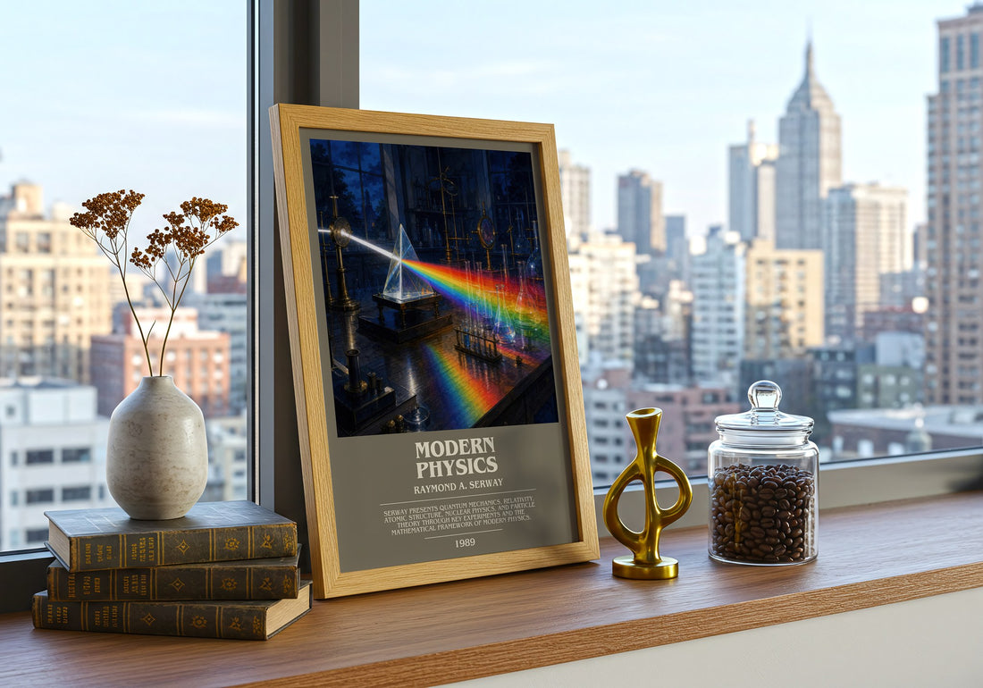 Modern Physics bookish print framed by window – literary home decor