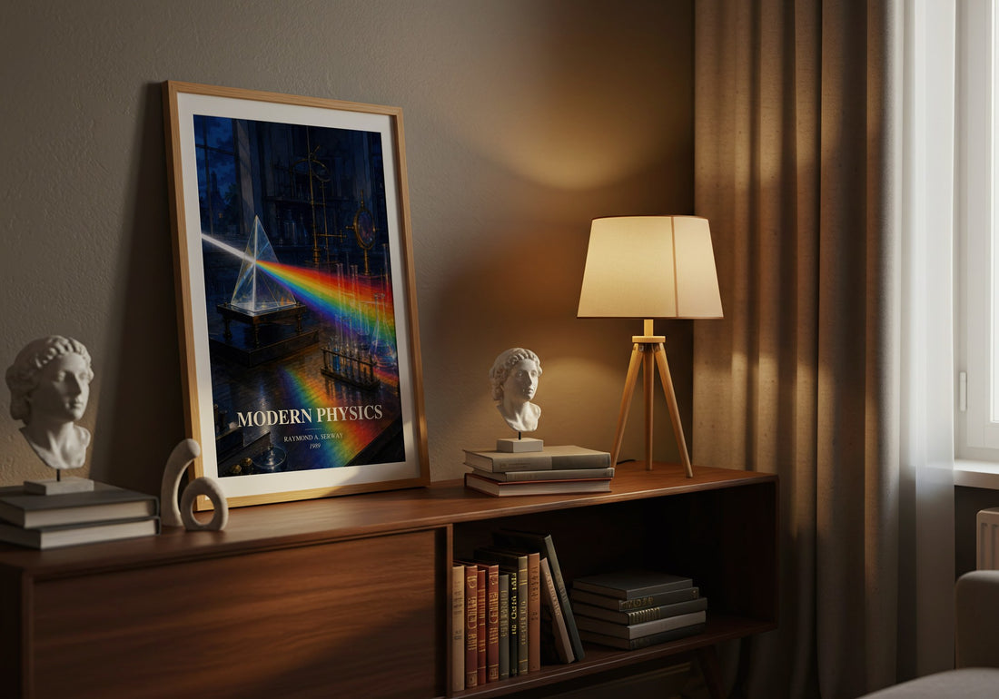 Modern Physics watercolour print on bookshelf – Raymond A. Serway fan gift