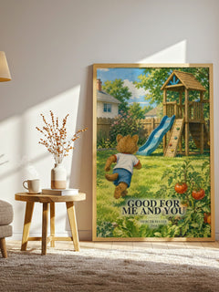 Good for Me and You watercolour print in frame leaning in hallway – childrens wall art