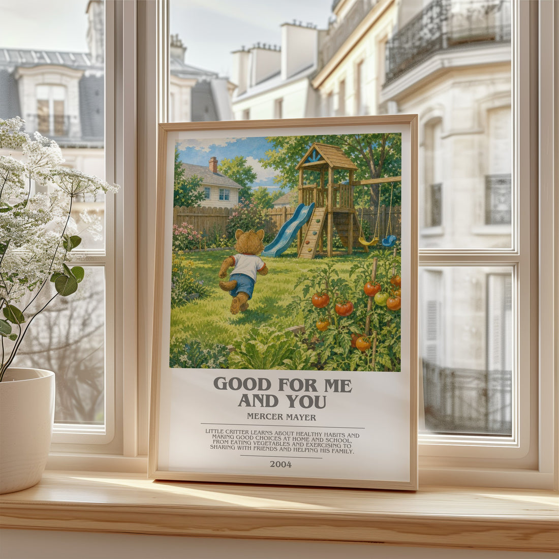 Good for Me and You Bookish Wall Art by Mercer Mayer – framed print by a bright window