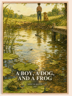 A Boy, a Dog, and a Frog watercolour book poster by Mercer Mayer – framed literary art print