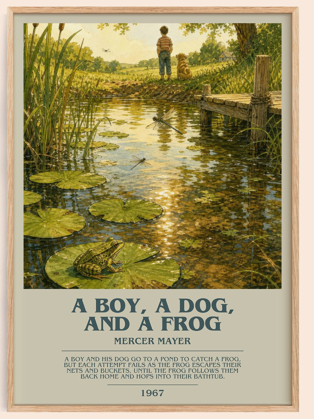 A Boy, a Dog, and a Frog bookish book poster by Mercer Mayer – framed literary art print