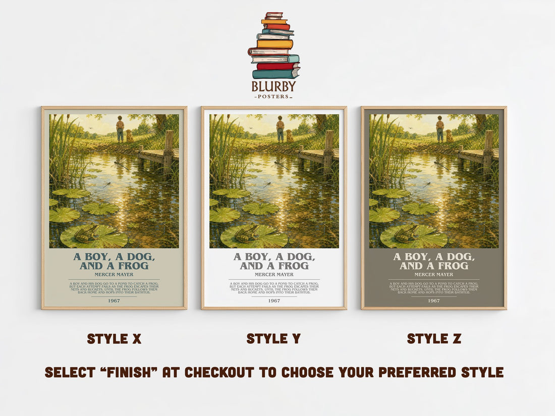 A Boy, a Dog, and a Frog bookish print in frame leaning in hallway – childrens wall art (mockup)