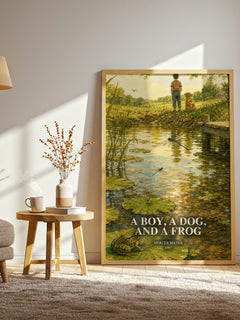 A Boy, a Dog, and a Frog watercolour print in frame leaning in hallway – childrens wall art