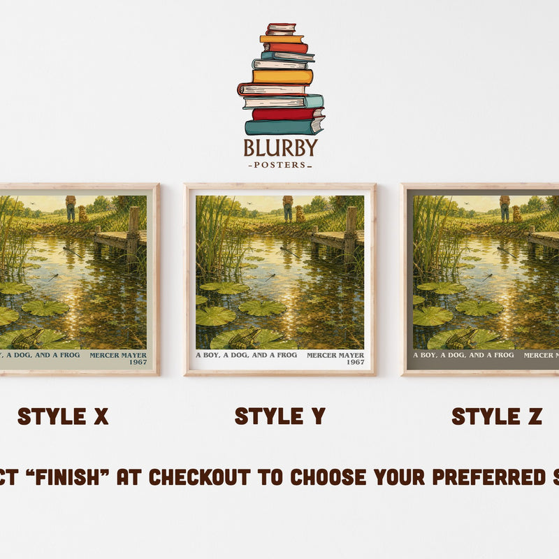 A Boy, a Dog, and a Frog literary print in frame leaning in hallway – childrens wall art