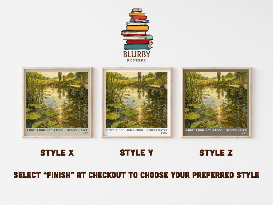A Boy, a Dog, and a Frog literary print in frame leaning in hallway – childrens wall art (mockup)