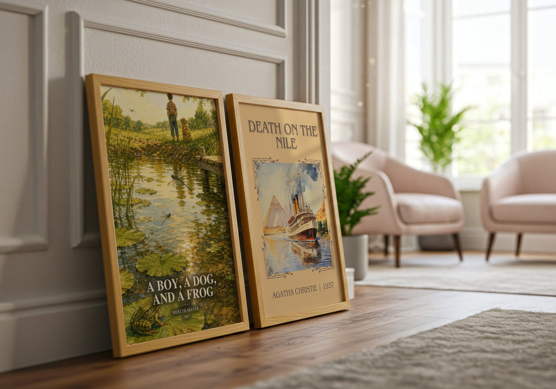 A Boy, a Dog, and a Frog watercolour print framed by window – literary home decor