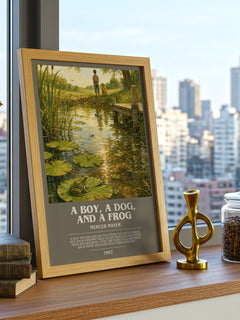 A Boy, a Dog, and a Frog bookish print framed by window – literary home decor