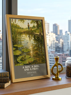 A Boy, a Dog, and a Frog book cover print framed by window – literary home decor