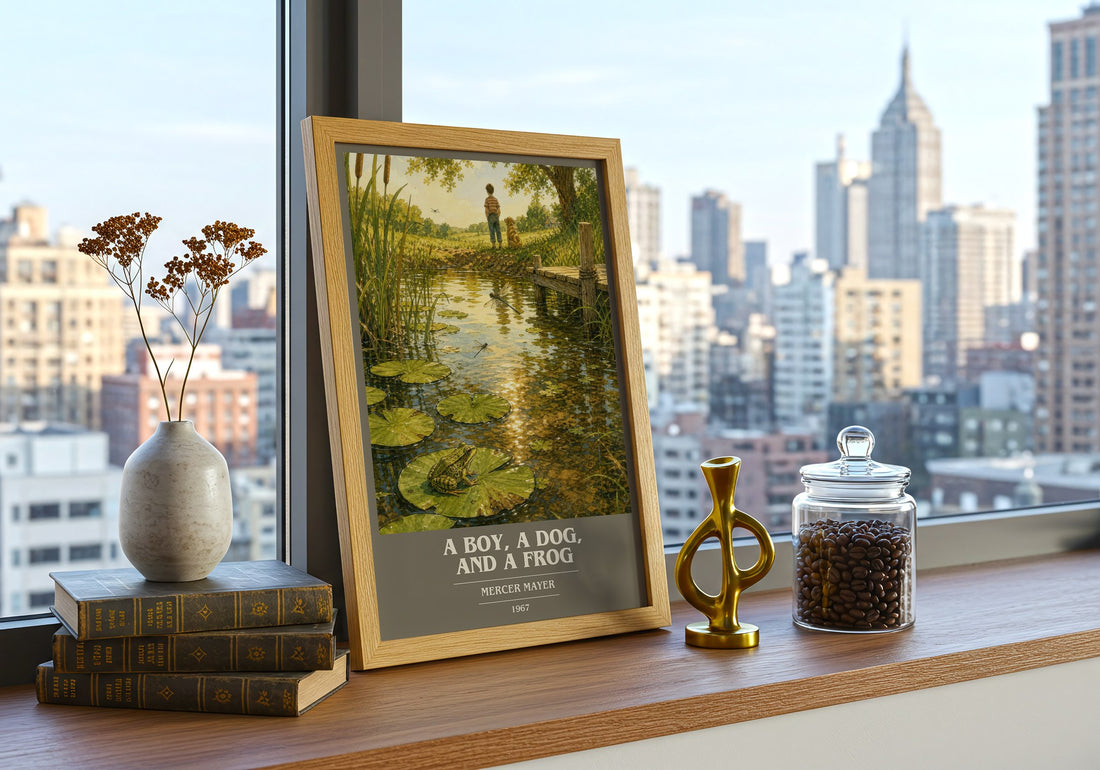 A Boy, a Dog, and a Frog book cover print framed by window – literary home decor