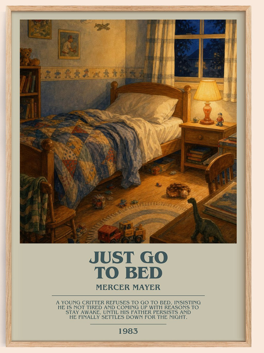 Just Go to Bed bookish book poster by Mercer Mayer – framed literary art print