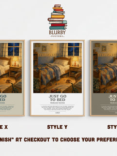 Just Go to Bed bookish print in frame leaning in hallway – childrens wall art