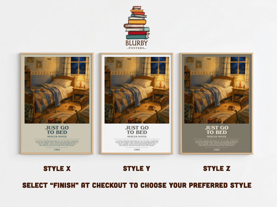 Just Go to Bed bookish print in frame leaning in hallway – childrens wall art (mockup)