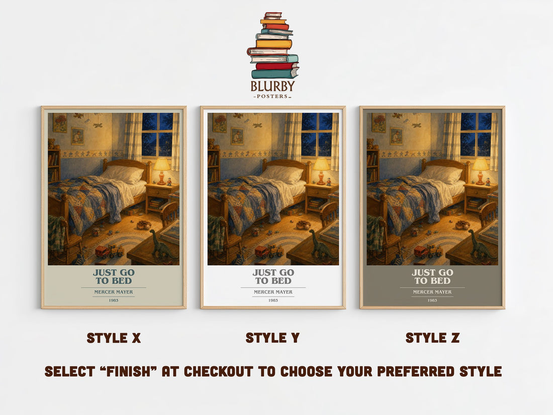 Just Go to Bed book cover print in frame leaning in hallway – childrens wall art (mockup)