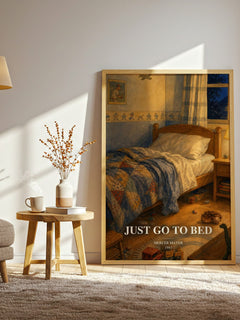 Just Go to Bed watercolour print in frame leaning in hallway – childrens wall art