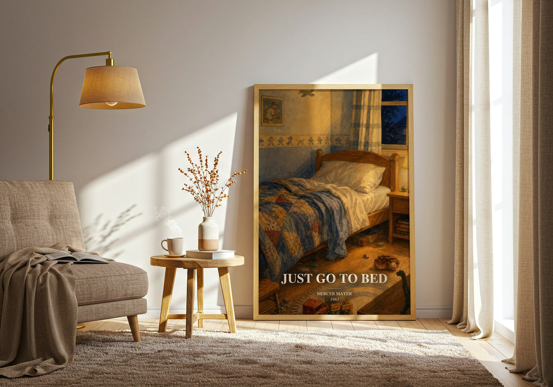 Just Go to Bed watercolour print in frame leaning in hallway – childrens wall art