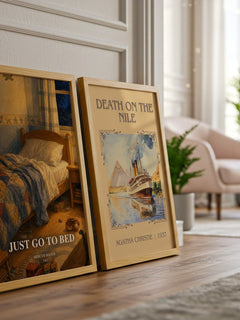 Just Go to Bed watercolour print framed by window – literary home decor