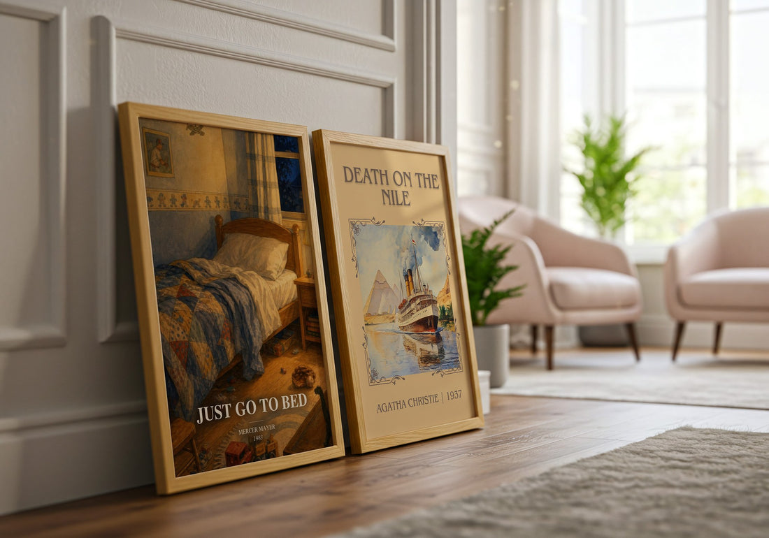 Just Go to Bed watercolour print framed by window – literary home decor
