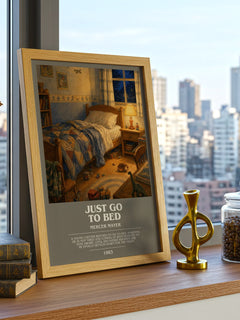 Just Go to Bed bookish print framed by window – literary home decor