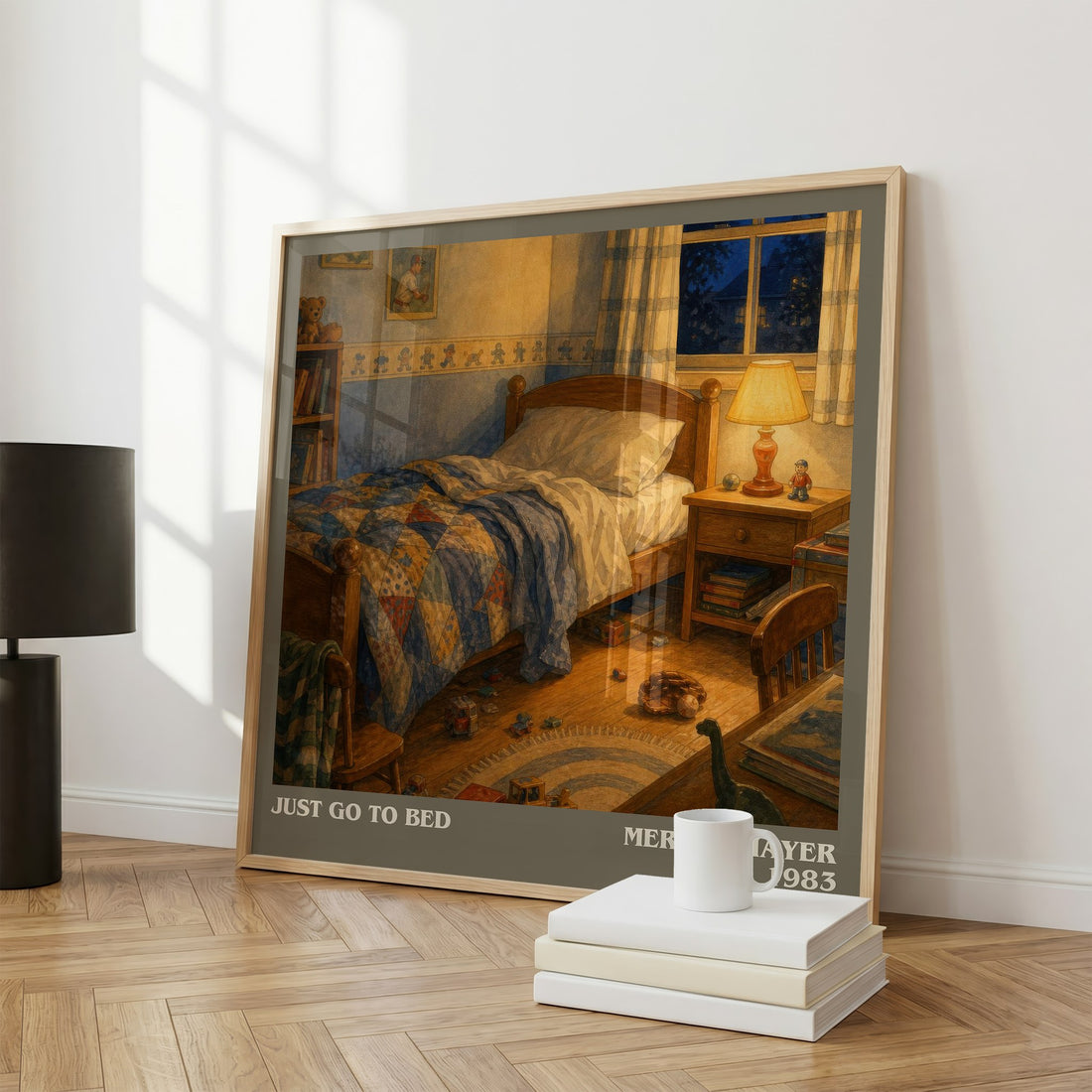 Just Go to Bed literary print framed by window – literary home decor