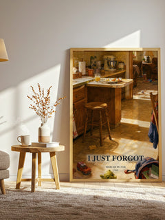 I Just Forgot watercolour print in frame leaning in hallway – childrens wall art