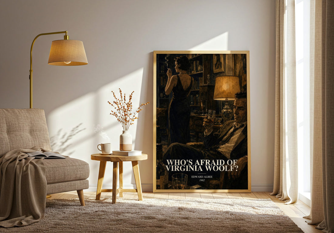 Who's Afraid of Virginia Woolf? watercolour print in frame leaning in hallway – literary fiction wall art