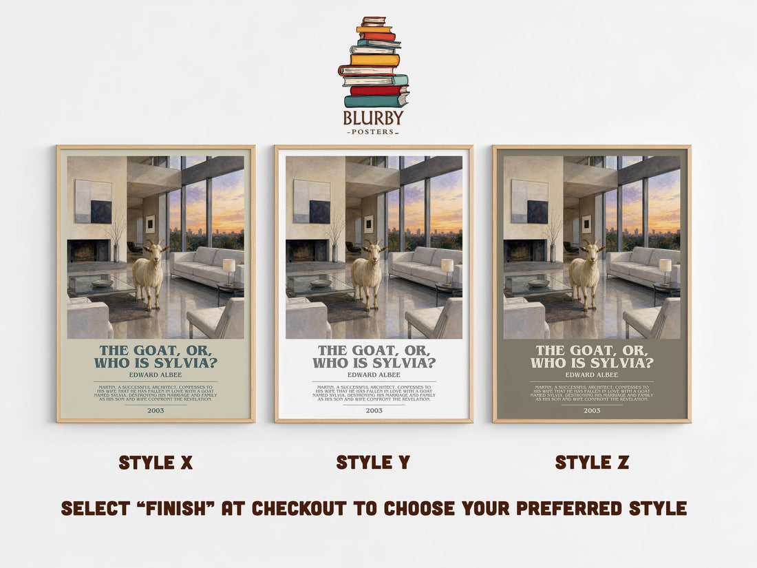 The goat, or, Who is Sylvia? bookish print in frame leaning in hallway – contemporary fiction wall art (mockup)