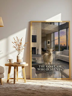 The goat, or, Who is Sylvia? watercolour print in frame leaning in hallway – contemporary fiction wall art