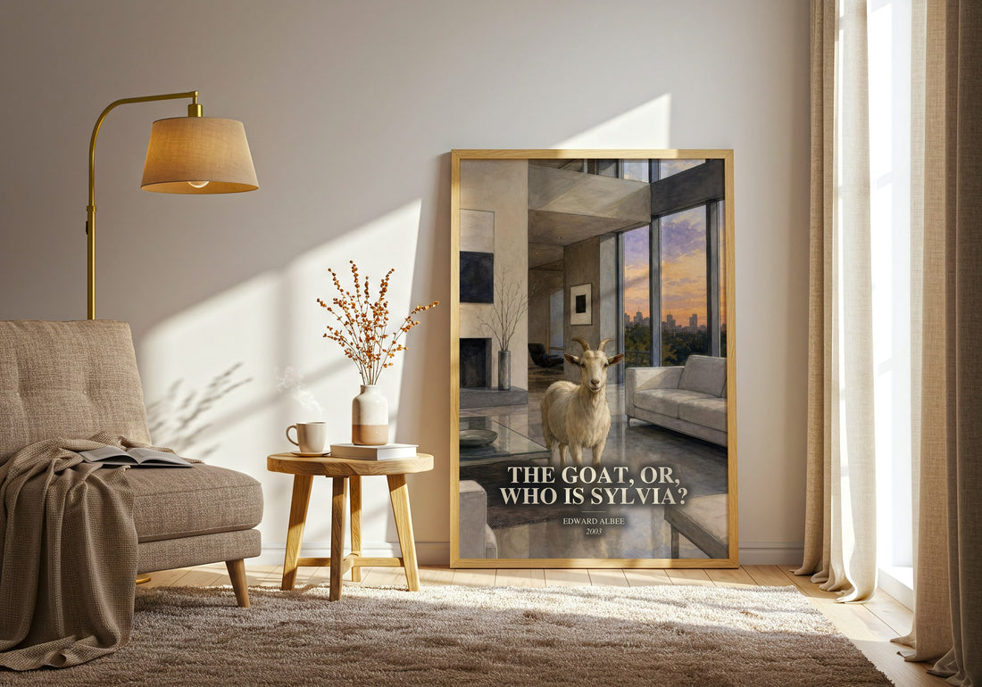 The goat, or, Who is Sylvia? watercolour print in frame leaning in hallway – contemporary fiction wall art